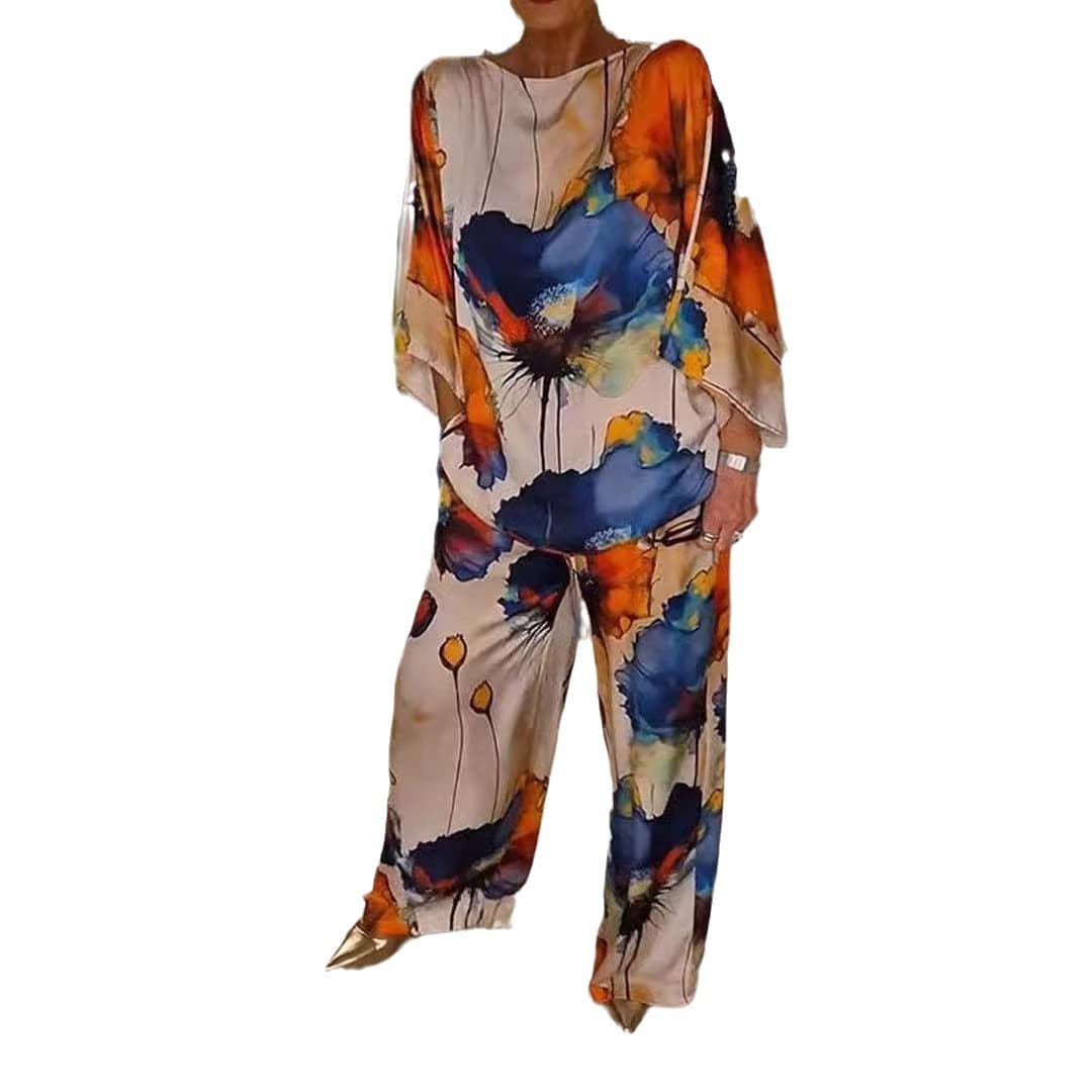 2024 Fall New Arrival Independent Site Urban Elegance One-Shoulder Loose Printed Batwing Sleeve Pants Set European and American Style