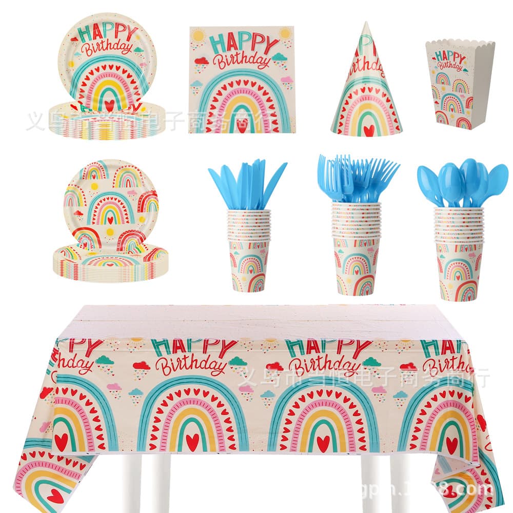 New Rainbow Birthday Party Decoration Supplies Plates Cups Napkins Tablecloth Tableware Bohemian