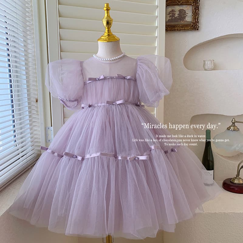 Girls' Summer New Children's Stylized Bubble Sleeve Mesh Dress Baby Girl Super Fairy Puff Yarn Princess Dress