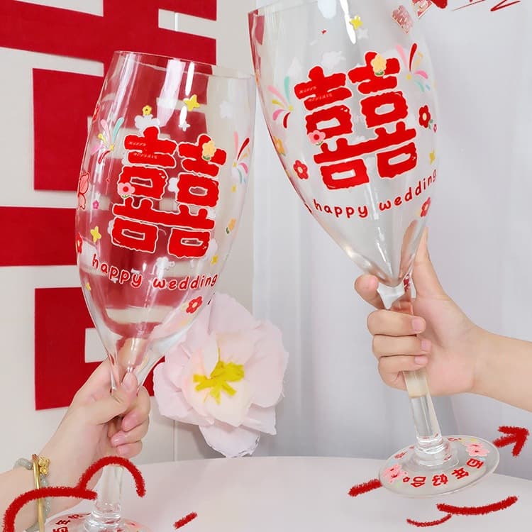 Toast cup stickers for newlyweds, wedding cups, pair of engagement cups, large pearl red wine tall glass wedding cups
