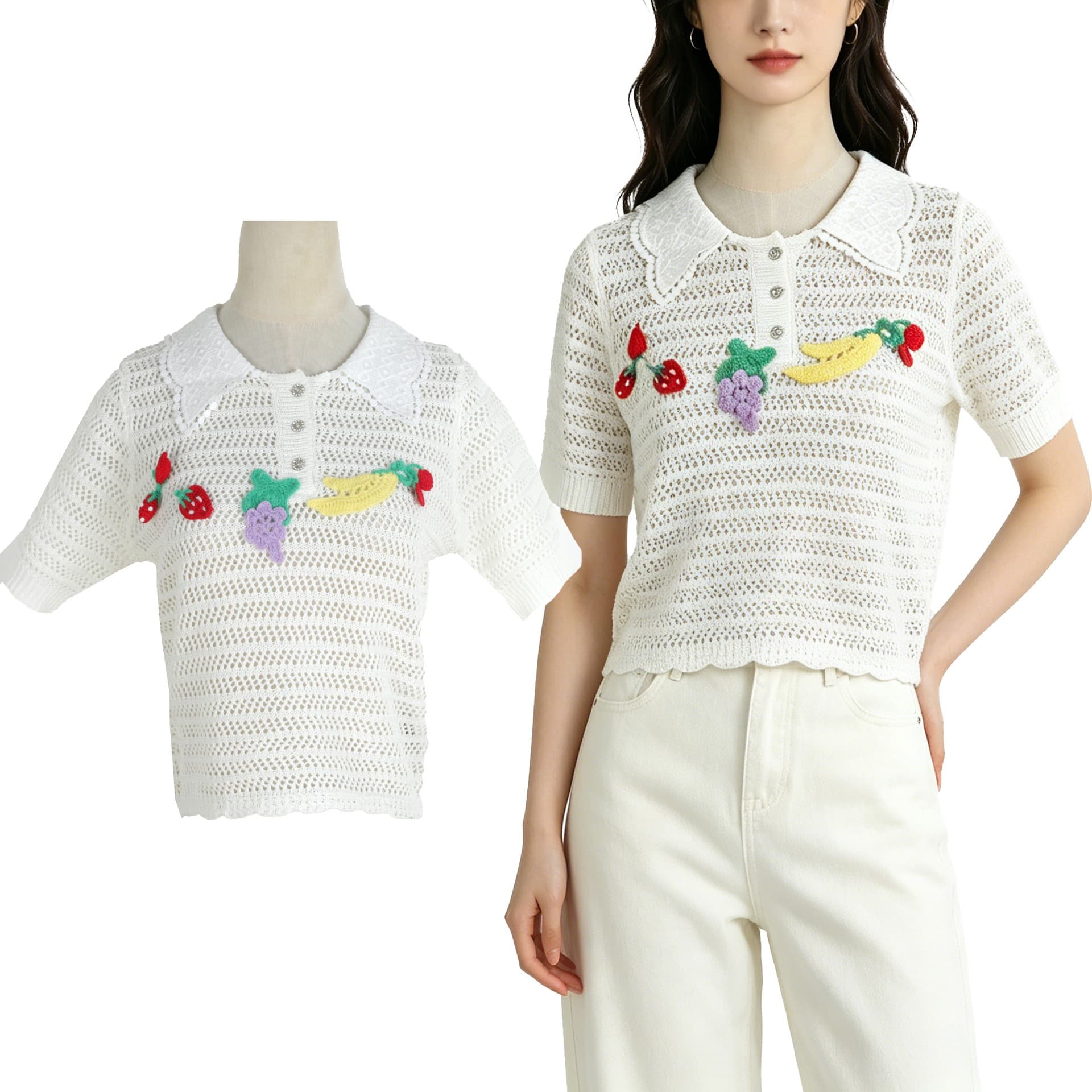 2026 Summer New Korean Style Hollow Fruit Peter Pan Collar Pullover Knit Short Sleeve Simple Casual Versatile Cropped Top