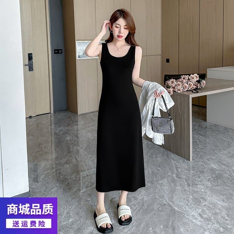 Black Premium Sleeveless Tank Dress for Women 2025 Spring Summer High-Waist Slimming Camisole Dress Inner Layering Long Dress