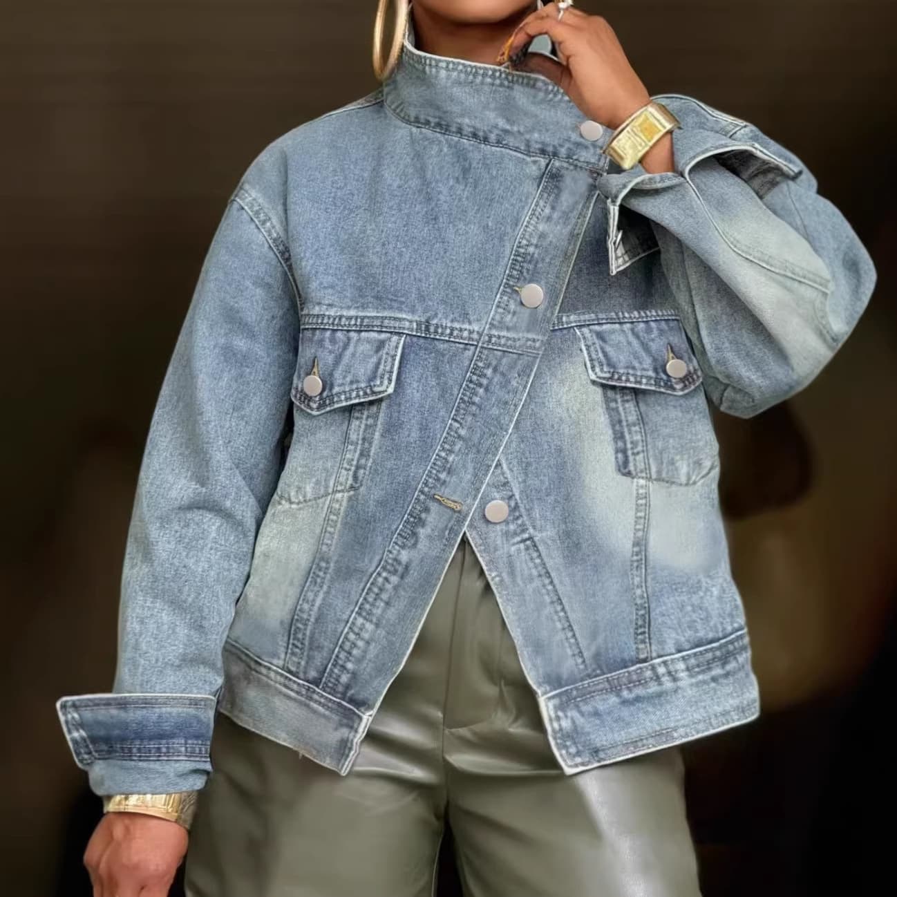 2025 Model Cross-Border Independent Site Amazon Street Style Motorcycle Washed Stand-Collar Denim Short Jacket Loose Denim Coat