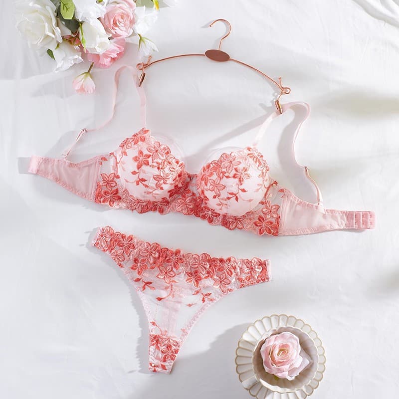 Cross-border Seductive Lace Lingerie Set with Floral Embroidery, Sheer Pink Sexy Bra and Panty Set for Women