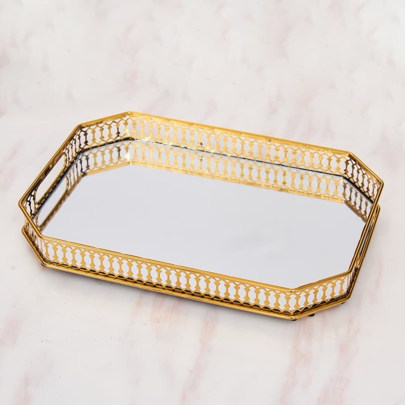 European-style luxury mirrored glass metal tray for living room coffee table, entryway organizer, water cup tea tray, decorative ornament