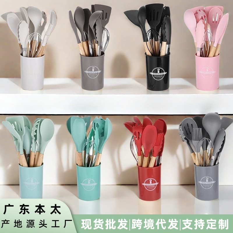 750g In Stock Silicone Kitchen Utensils 12-Piece Set with Wooden Handles, Non-Stick Spatula Cooking Tools Kitchen Set