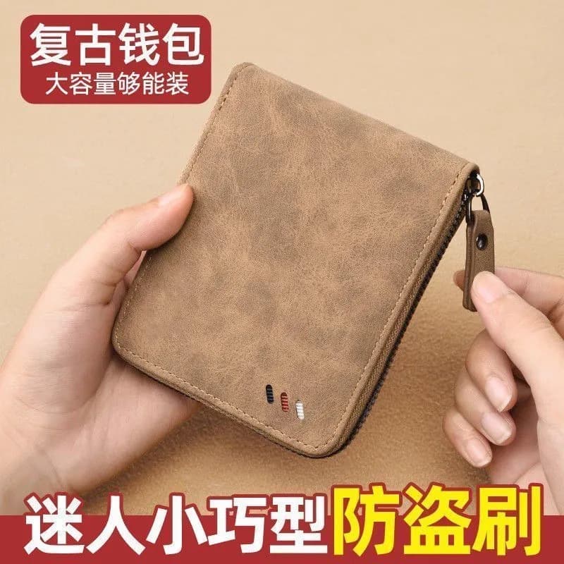 Cross-border hot style retro men's wallet business commuting bifold wallet zipper coin purse logo printing processing