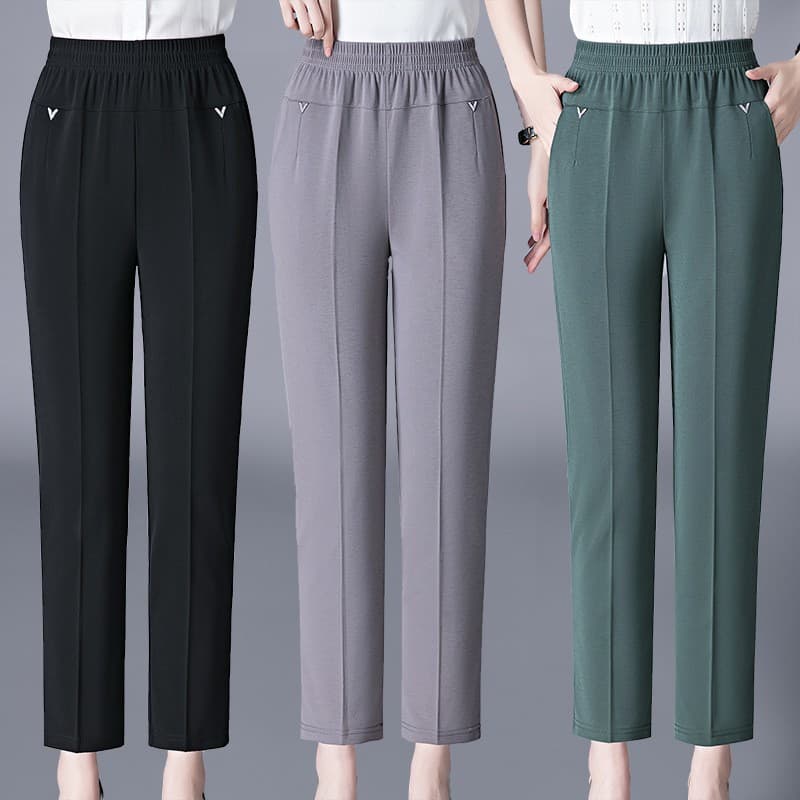 Summer Thin Long Pants for Mothers, Elastic High-Waist Straight-Leg Loose-Fitting Nine-Point Trousers for Middle-Aged and Elderly Women, Grandma Pants