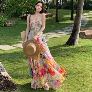 Colorful Floral Off Shoulder Backless Camisole Dress French Women Summer Waist Cinching Flared Skirt Beach Vacation Style Maxi Dress