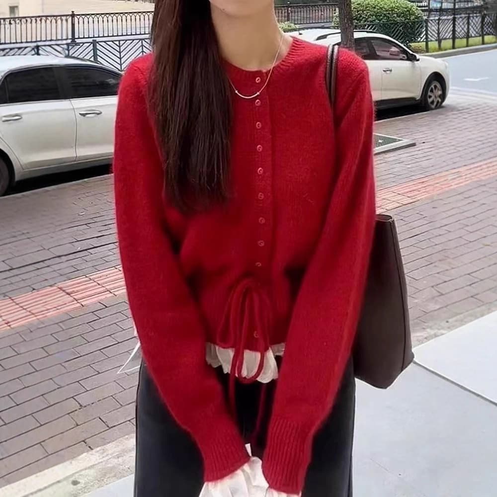 2026 Korean sweet age-reducing lace waistband sweater for women autumn and winter new knitted cardigan jacket for women