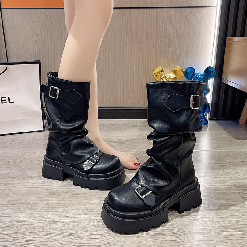 Retro Maillard Mid-Calf Boots Women 2024 Autumn New British Style Thick Sole Heightening Brown Legging Boots