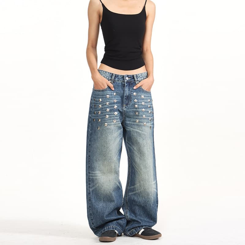 Zhi Ju # Niche Rivet Washed Wide-Leg Jeans for Women, Loose Fit, Slimming, Flattering, Fashionable, Casual, Versatile, Floor-Length