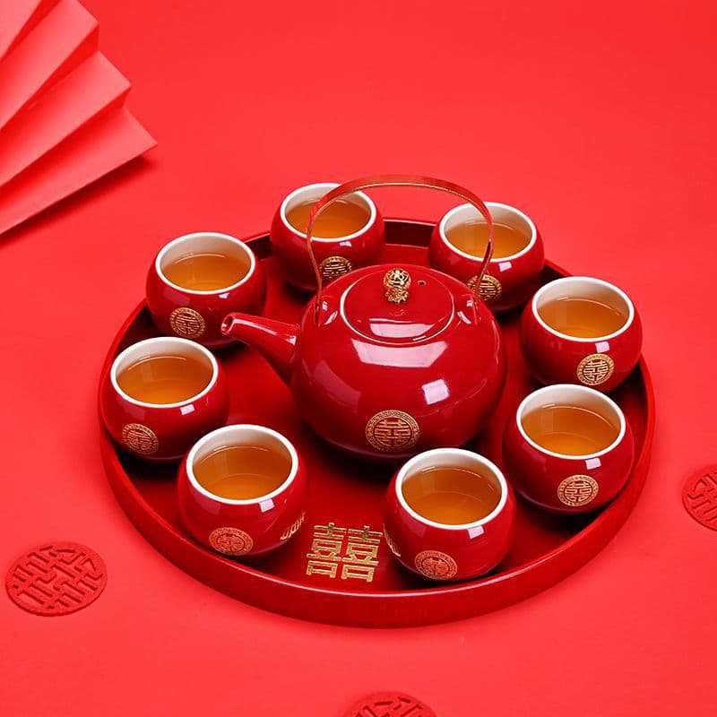 Wedding celebration Chinese tea ceremony set, complete set, red dowry tray, teapot and tea set gift box for bride.