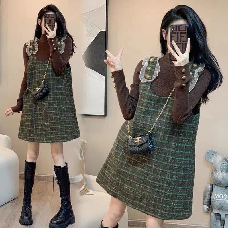 Autumn/Winter New Style Maternity Dress Set with Suspender Skirt, Loose Fit, Slimming, Plus Size, Fashionable Two-Piece Set