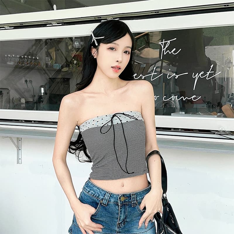 OURLIK Korean Style Fashionable Vintage Striped Tube Top with Padded Cups, Tie-Front, Slim Fit, Short Length, Commuter Top