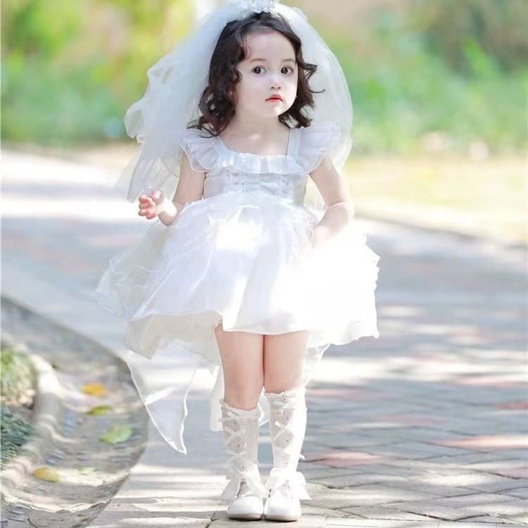 Girls White Tulle Princess Dress Baby First Birthday Gown Toddler Tutu Dress Summer Fashionable Dress