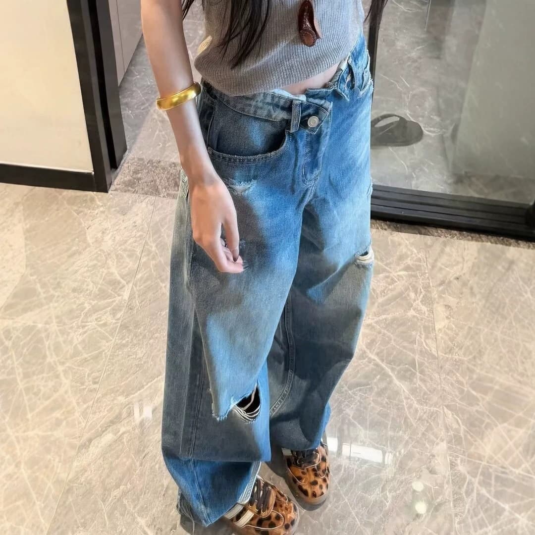 Distressed Wide-Leg Loose Jeans for Women, Fashionable Design, Pear-Shaped Plus Size, Straight-Leg Long Denim Pants Trendy