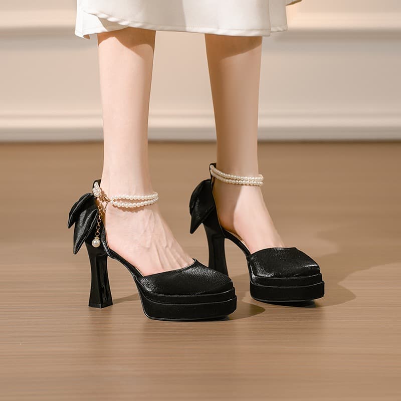 Hollow Waterproof Platform High Heels Chunky Heel Women 2026 Spring Autumn New Butterfly Bow Versatile One-Strap Champagne Wedding Shoes