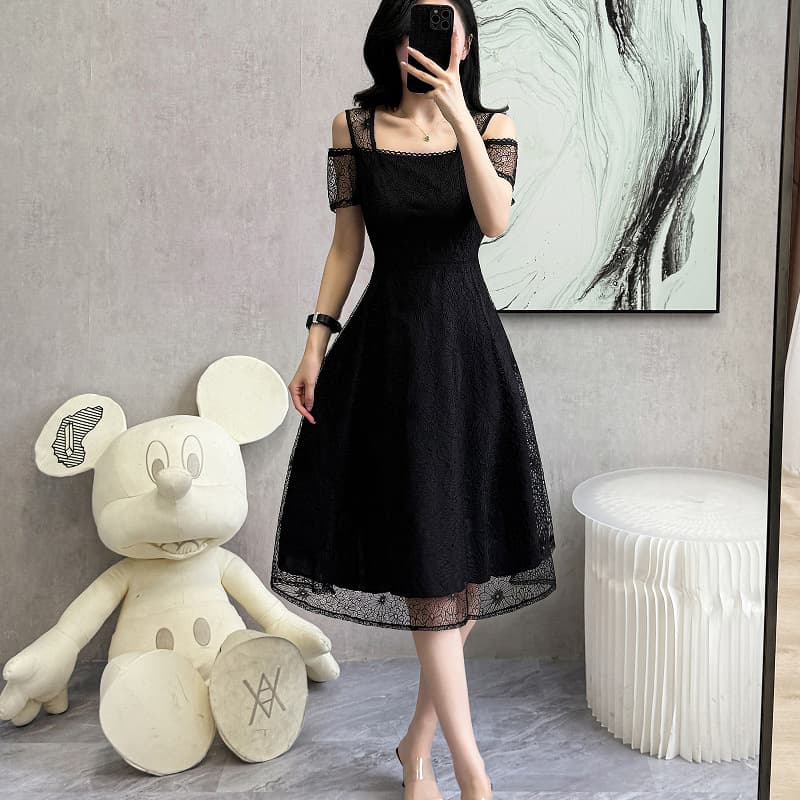 2025 Summer New Plus Size Mesh Patchwork Waist-Cinching Mid-Length Lace Short Sleeve Dress for Women Gentle Fairy Dress