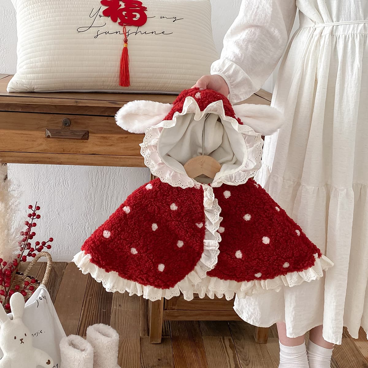 Baby Cape Autumn Winter New Style Newborn Girl Baby Lace Bunny Ears Cloak Outdoor Windproof Princess Fleece Shawl