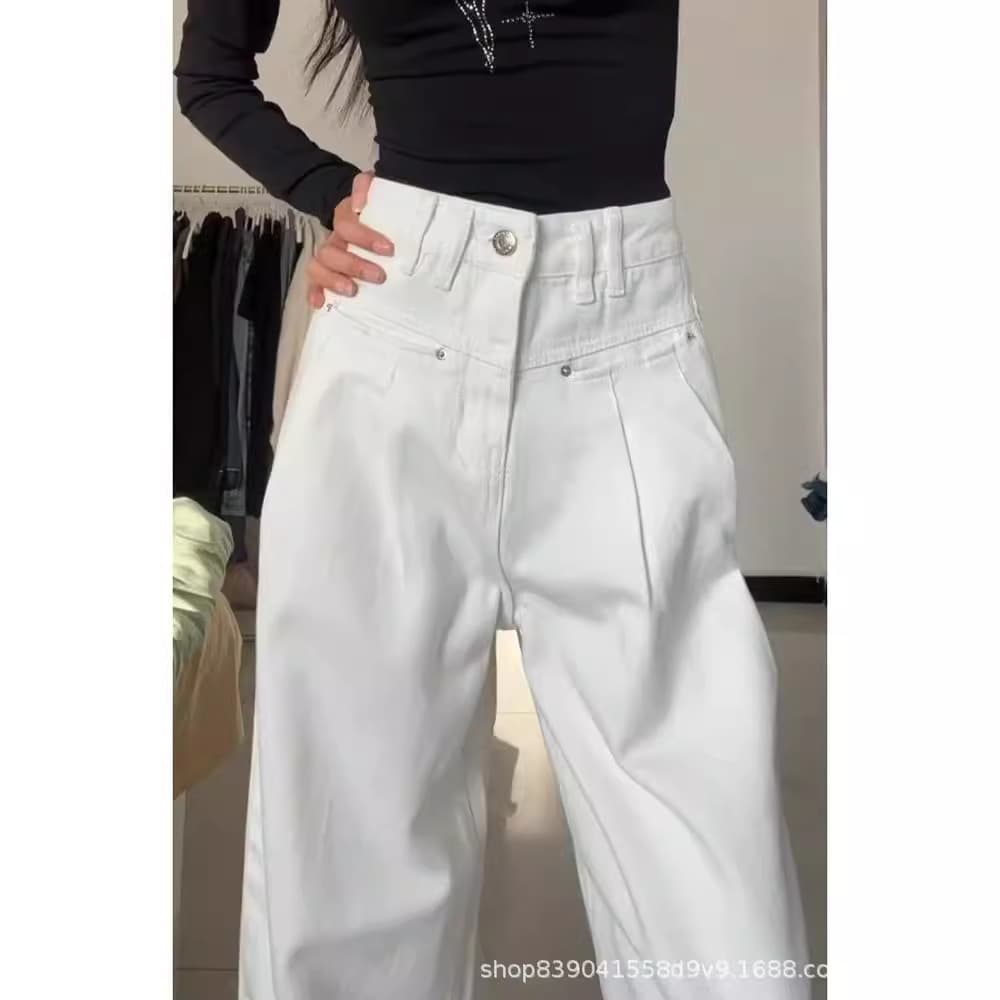 Plus size fat mm white pleated wide-leg autumn jeans with high waist, loose fit, hip-covering, slimming and versatile straight-leg floor-length trousers