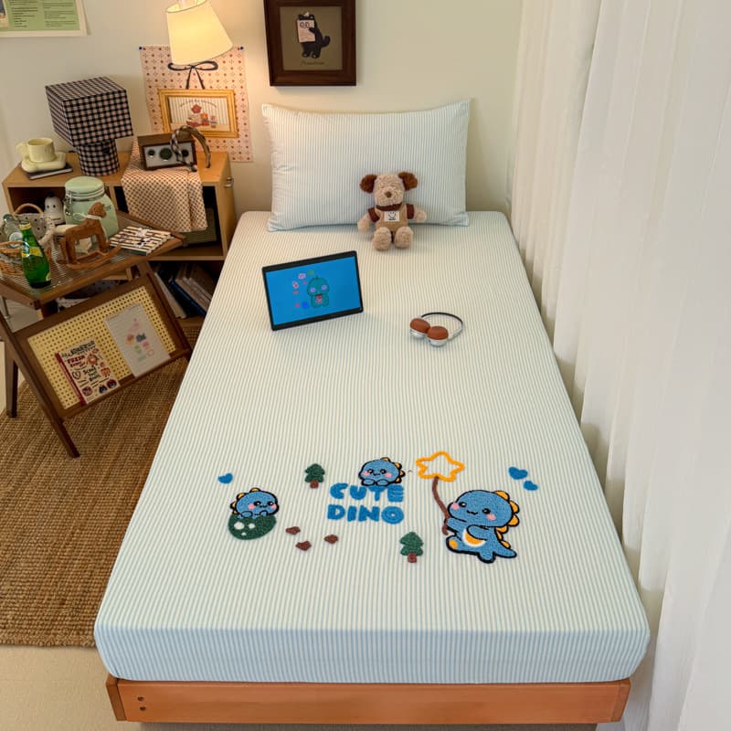 Class A Pure Cotton Towel Embroidered Fitted Sheet Three-Piece Set, Children's Cartoon Embroidered Non-Slip Bedspread, Full Size, In-Stock Wholesale for Students