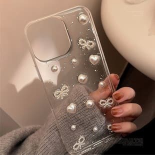 Pearl Bow Case for iPhone 14 Pro Max, iPhone 16, iPhone 15, Resin 3D, iPhone 12, Clear, iPhone 13, Soft