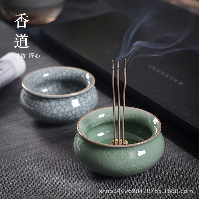 Celadon Three-Legged Incense Burner, Home Use Ceramic Small Incense Burner for Offering, Indoor Stick Incense Burner for Buddha Worship, Incense Censer