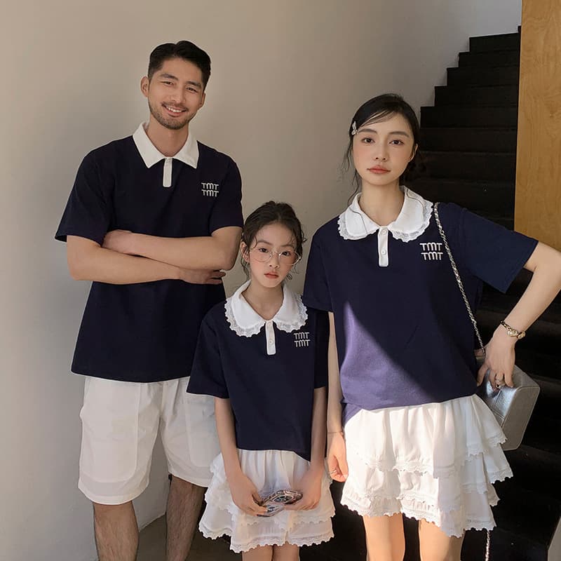 High-end college style parent-child wear short-sleeved T-shirt mother and daughter lace skirt father-son wear lapel top polo shirt trendy