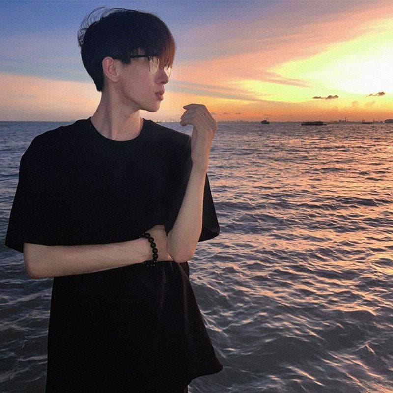 Cleanfit Regular Shoulder Short-Sleeve Black Men's Summer Style Trendy Brand Heavy Cotton T-Shirt with Slim Fit and Small Neckline Half-Sleeve