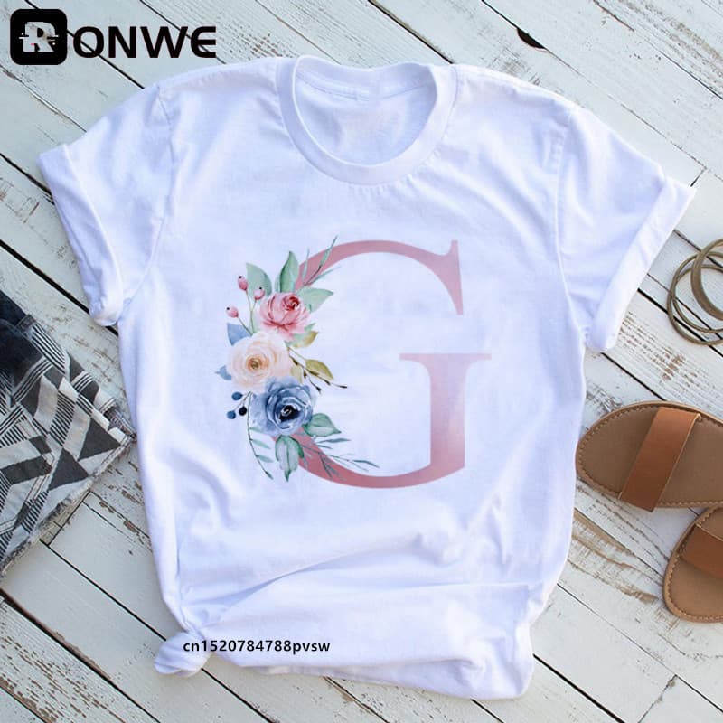 Women's Pink Floral Letter Print Harajuku Summer T-Shirt Casual