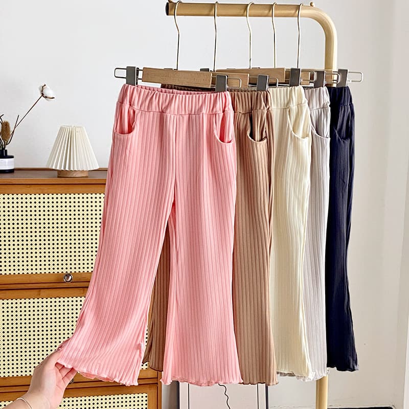 Girls' Flared Pants Versatile Children's Summer Casual Pants Thin Ice Silk Long Pants Princess Style Ruffle Hem Wide-Leg Pants