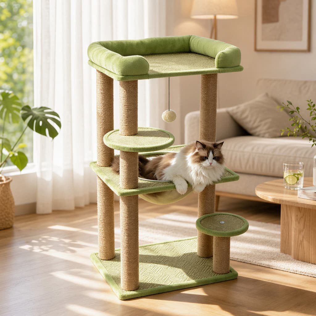 Factory Wholesale Cat Tree with Integrated Cat Bed, Space-Saving, Scratch Post, Summer Breathable, Large Size Cat Tower