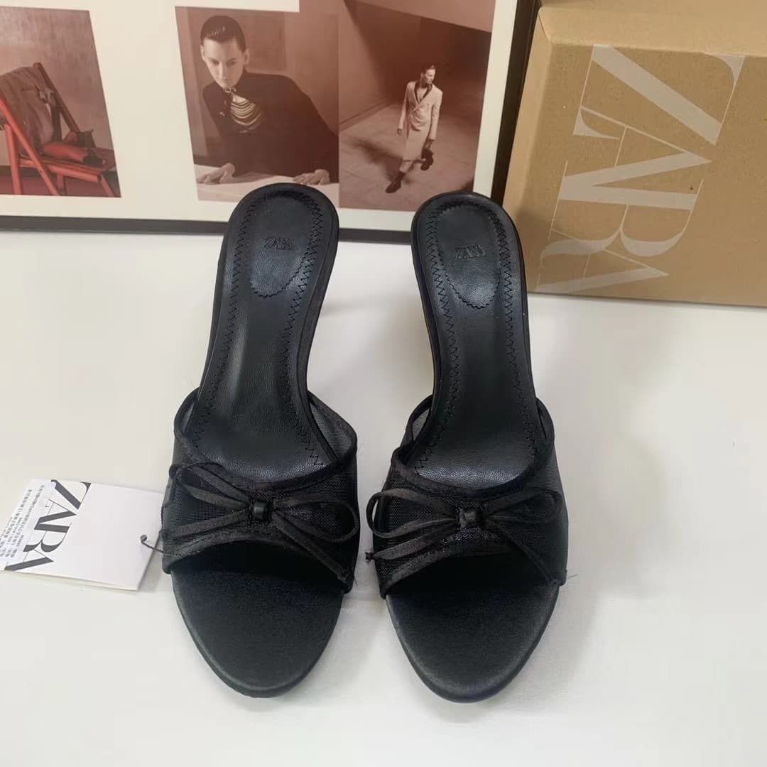 ZA new 2024 French pointed-toe women's shoes with bow decoration open toe back empty slingback half-slip sandals for women