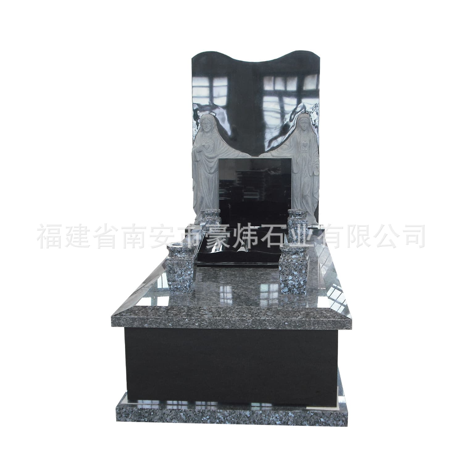 German Craftsmanship Custom Tombstone, Combination of Blue Pearl and Black Granite Memorial