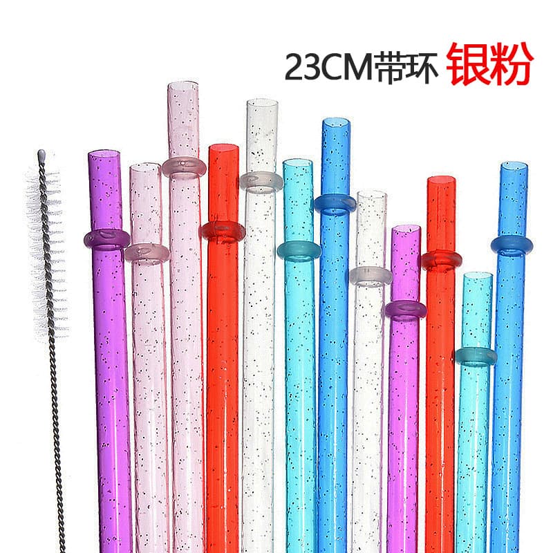 Cross-border Stock 23CM Hardened Colored PP Plastic Glitter Straw with Ring, Reusable Straw with Buckle, Straight Tube