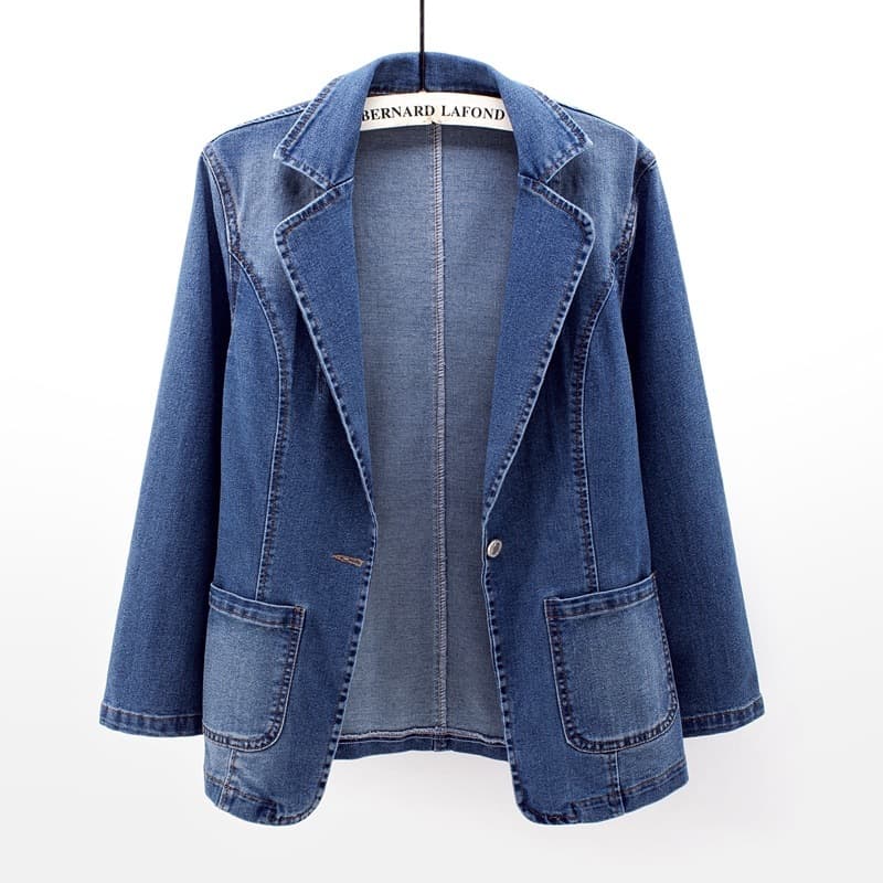 2025 spring new denim jacket for women, slim fit, suit collar, solid color cardigan, trendy one-button top