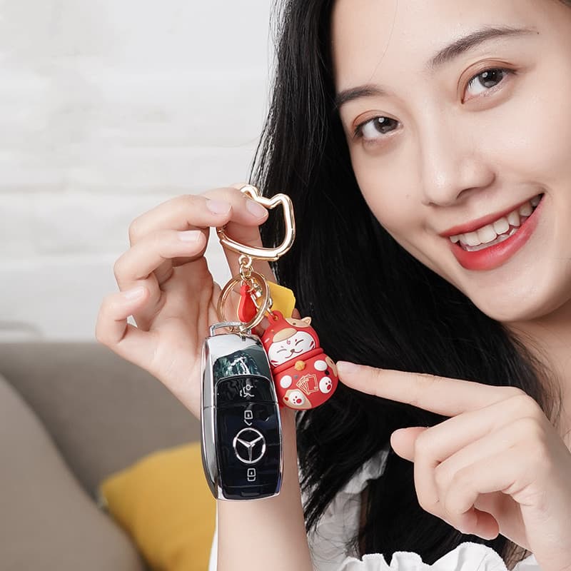 Fortune Cat Xianpeng Cartoon Cute Year of the Ox Keychain Creative Turn of Fortune Car Keychain Bag Hanging Loop