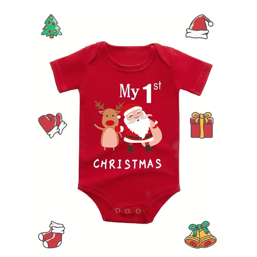 0-2 Year Baby Breathable Red Cotton Short Sleeve Bodysuit Infant My First Christmas Reindeer Santa Claus