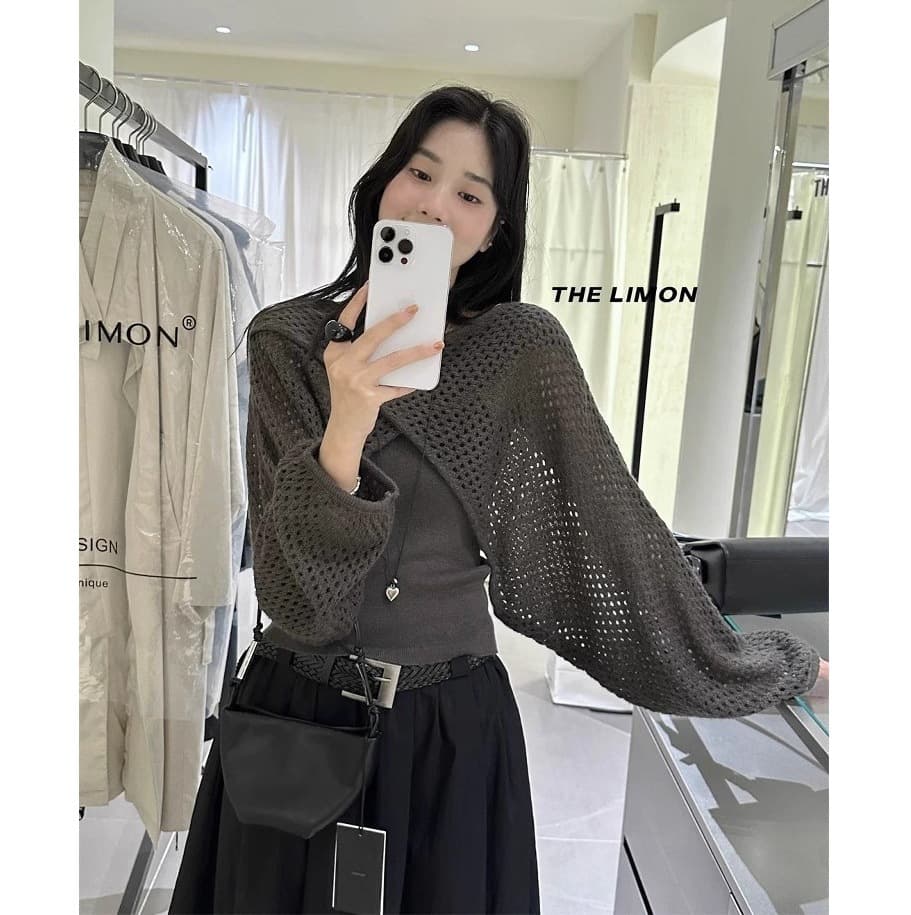 High-End Hollow Long-Sleeve Knit Cape Cardigan Set for Women, Autumn Thin Layering Inner Vest Camisole Two-Piece Set
