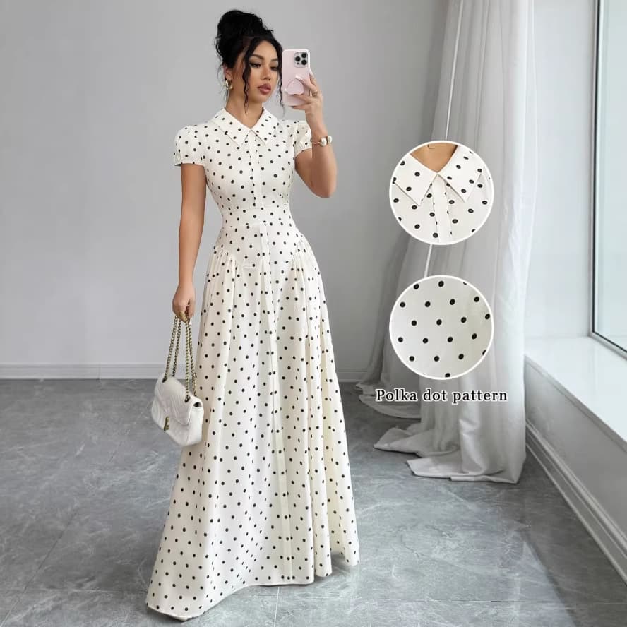 Polka Dot Short Sleeve Dress for Women, New Summer French Vintage Youthful, Waist-Slimming Elegant Long Skirt