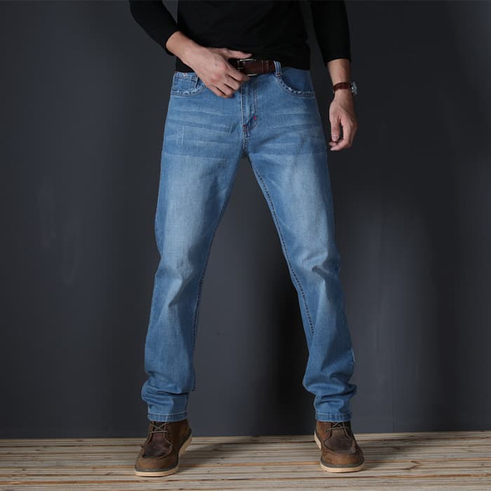 Men's Straight Leg Stretchy Jeans Mid Waist Large Size Autumn Business Casual Long Trousers Simple Design Elastic Denim Pants