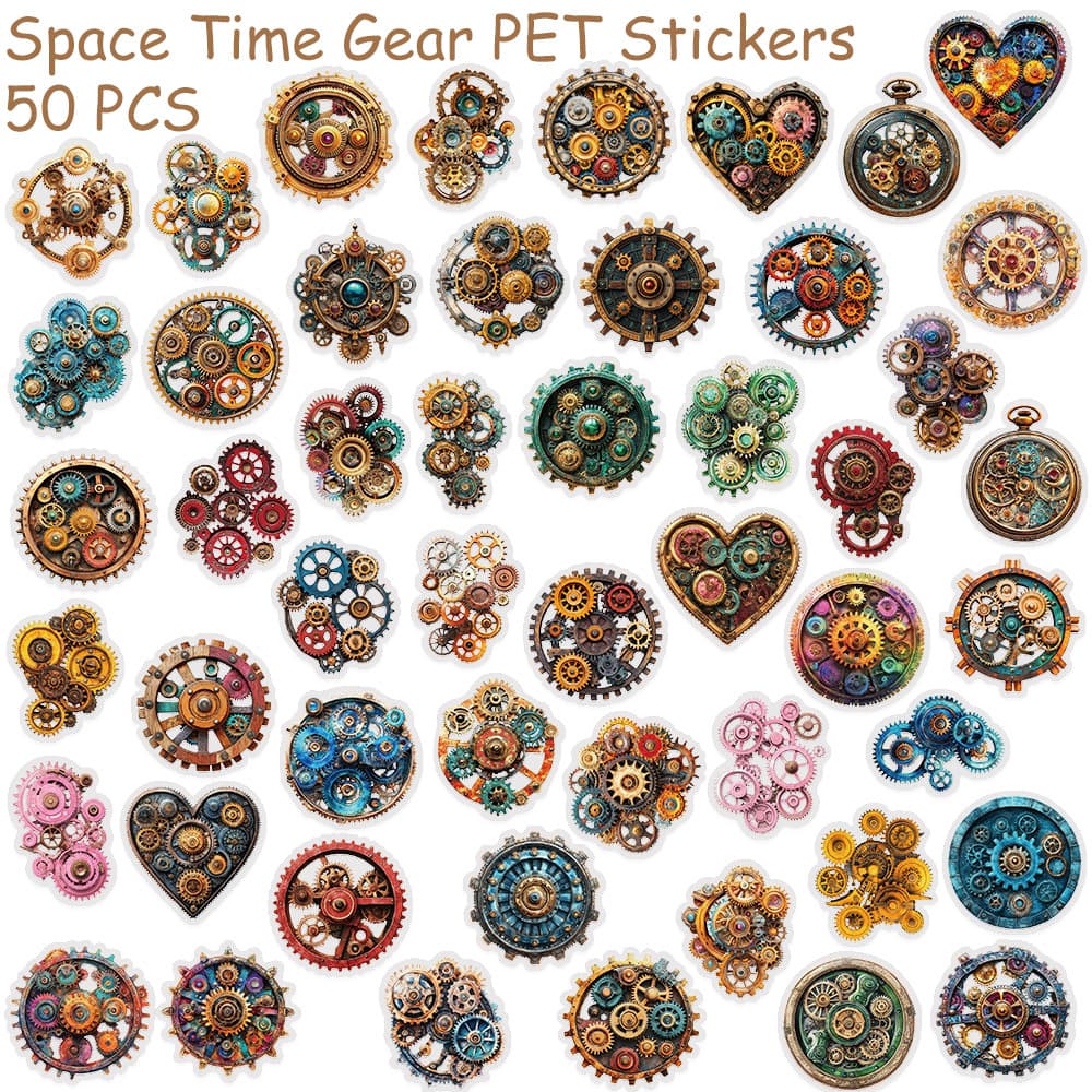 50 Retro Time Gear PET Stickers for Suitcase Motorcycle Car Helmet DIY Toy Stickers Wholesale Available