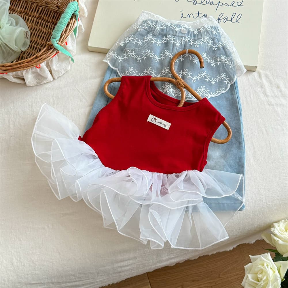 Girls' 2026 New Fashionable Children's Clothing Set: Cute Mesh Hem Top with Jeans, Two-Piece Outfit for Baby Girls
