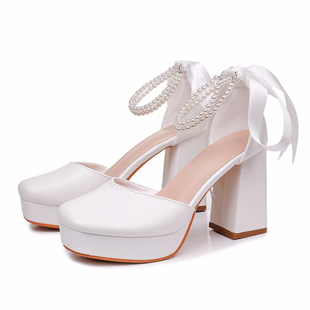 9cm White Round Toe Chunky Heel Shoes Open Toe White High Heel Women's Shoes Platform Sandals Wedding Shoes
