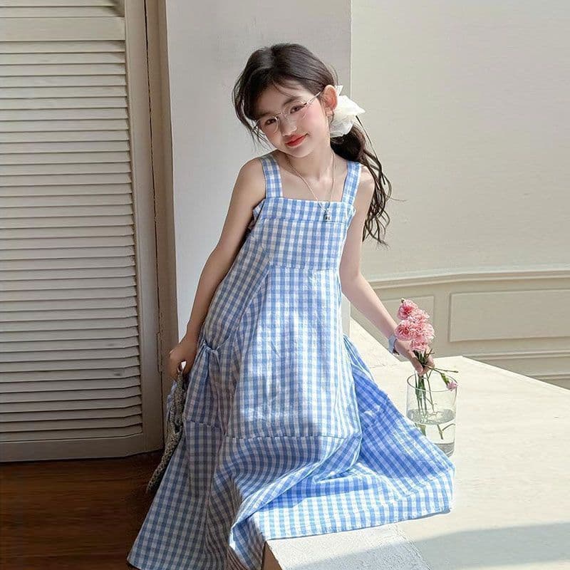 Girls Summer Dress New Korean Style Grid Print Strappy Vest Long Dress for Older Kids Maternity Beach Dress Trendy