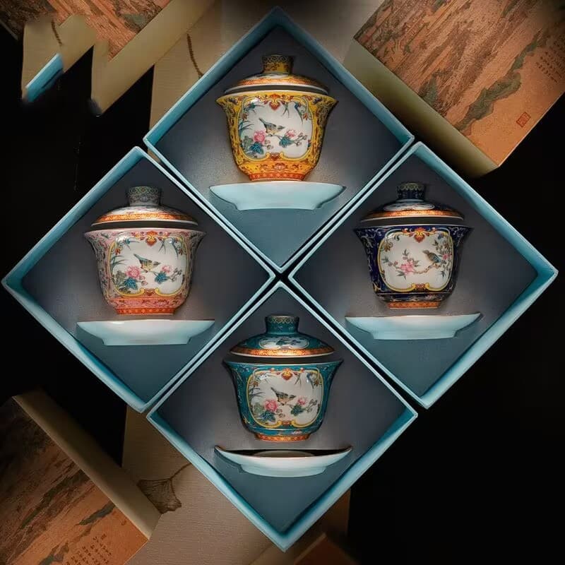 Ceramic Gaiwan Blue and White Enamel Tea Bowl Light Luxury Tea Set Kung Fu Tea Gift Box White Porcelain Tea Bowl