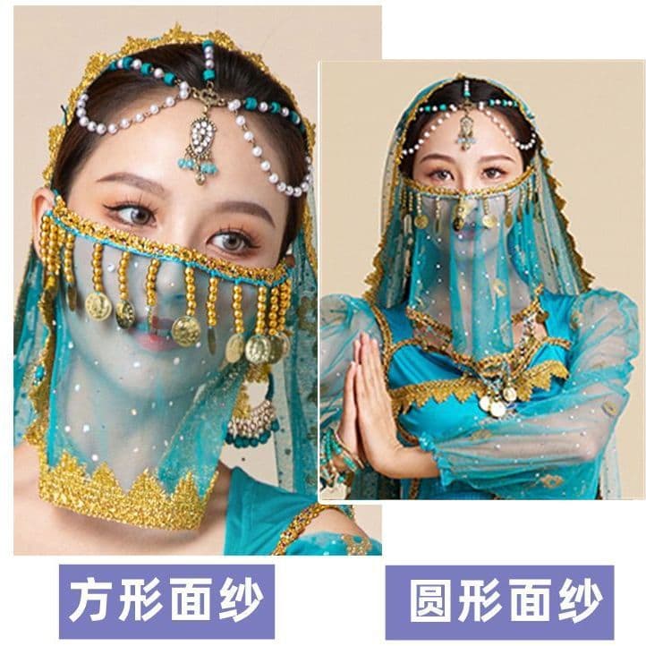Indian dance performance featuring belly dance, children practicing with ethnic retro tassel scarves and masks, exotic veils.