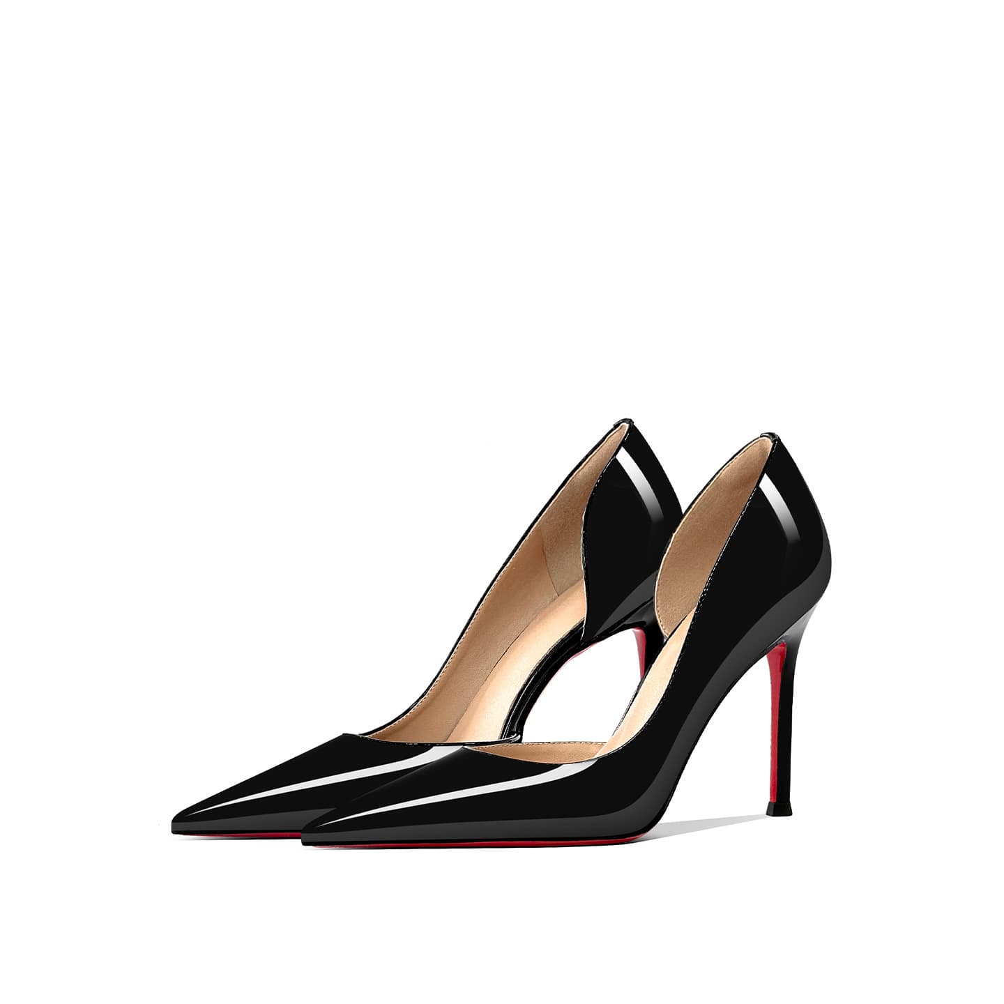 Daily Red Sole Side Cutout High Heels 2025 Pointed Toe Commuter Style Thin Heel Black Patent Leather Pumps Ultra High Heel