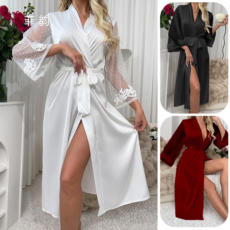 Sexy underwear imitation silk spring and summer pajamas satin wedding robe lace extended dressing gown home wear 6076